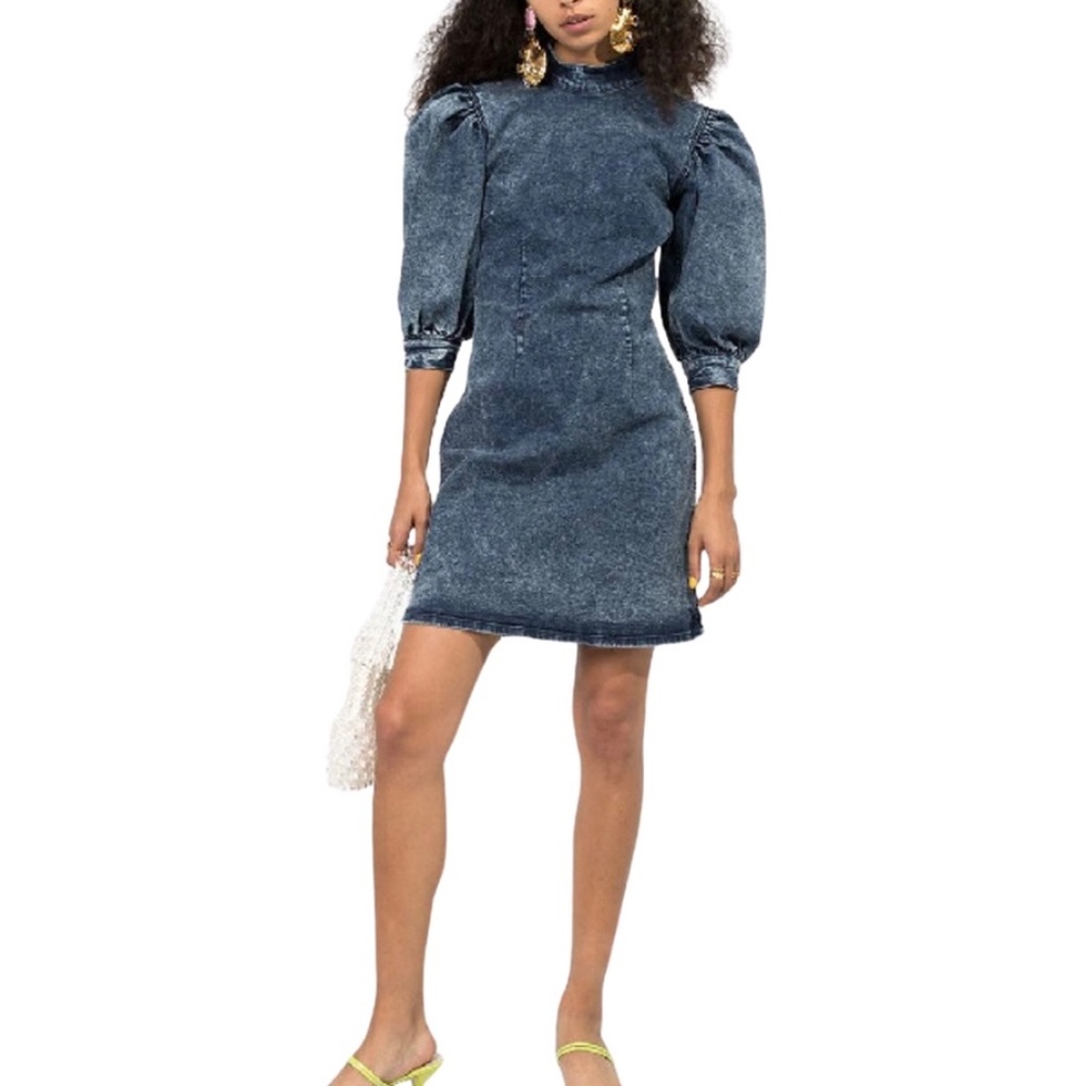 Ganni Mock Neck Back Zip Denim Sheath Dress